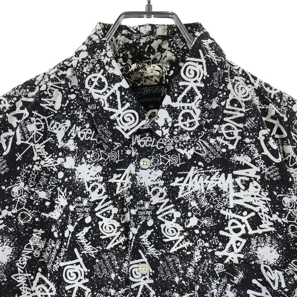 STUSSY(ステューシー) 00S OLD WORLD TOUR SHORT SLEEVE SHIRT オールド ワールドツアー 総柄 半袖コットンシャツ ブラック