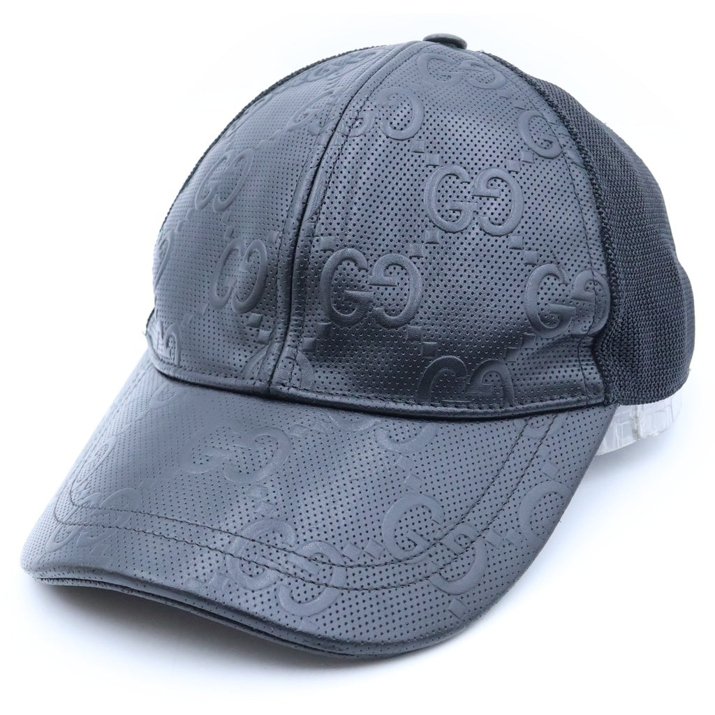 GUCCI(グッチ) GGエンボス 総柄 メッシュ レザー トラッカーキャップ ベースボールキャップ 帽子 ブラック 627156 4HL03