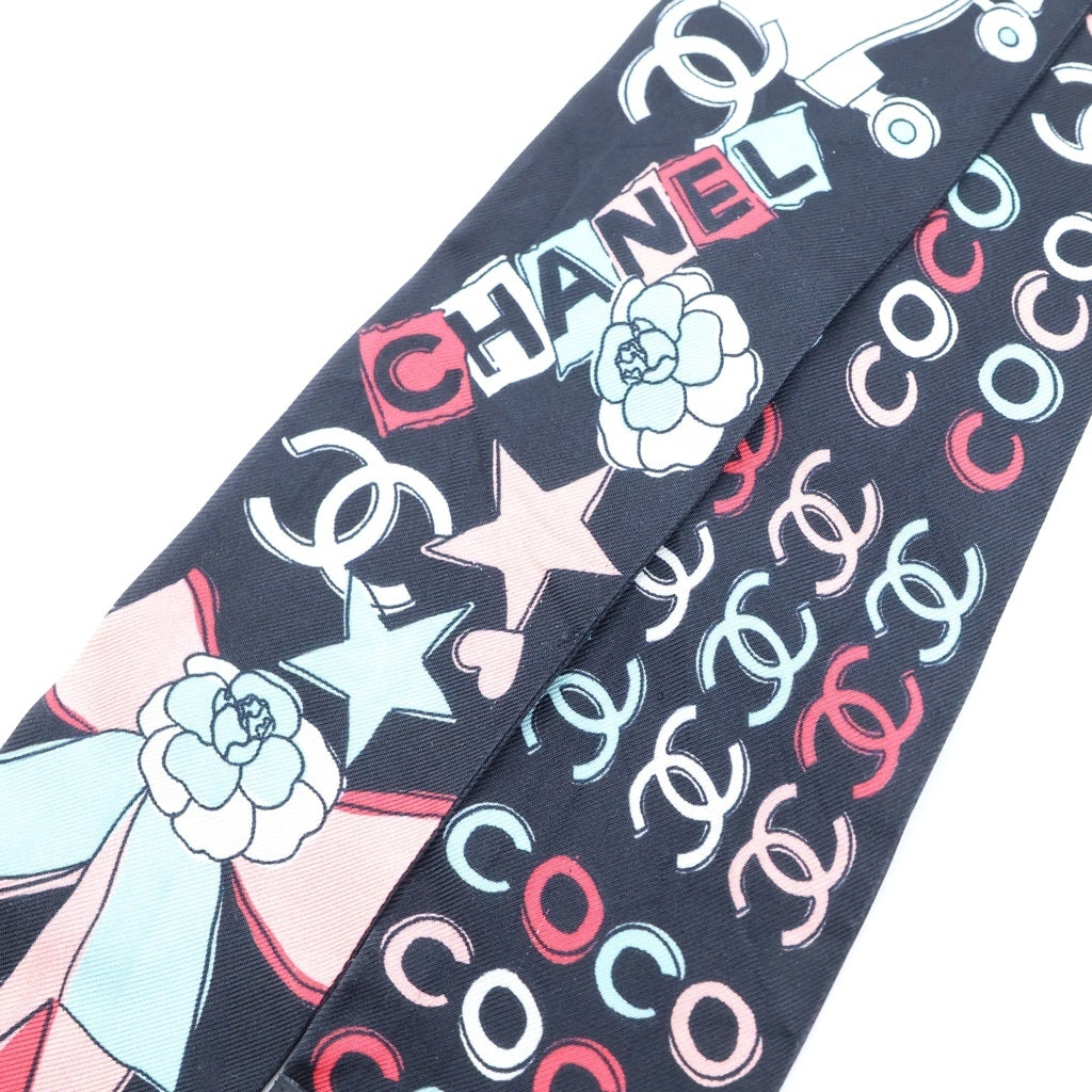 CHANEL(シャネル) camellia scarf カメリア ココマーク スター 星 総柄 スカーフ ツイリー ブラック レディース