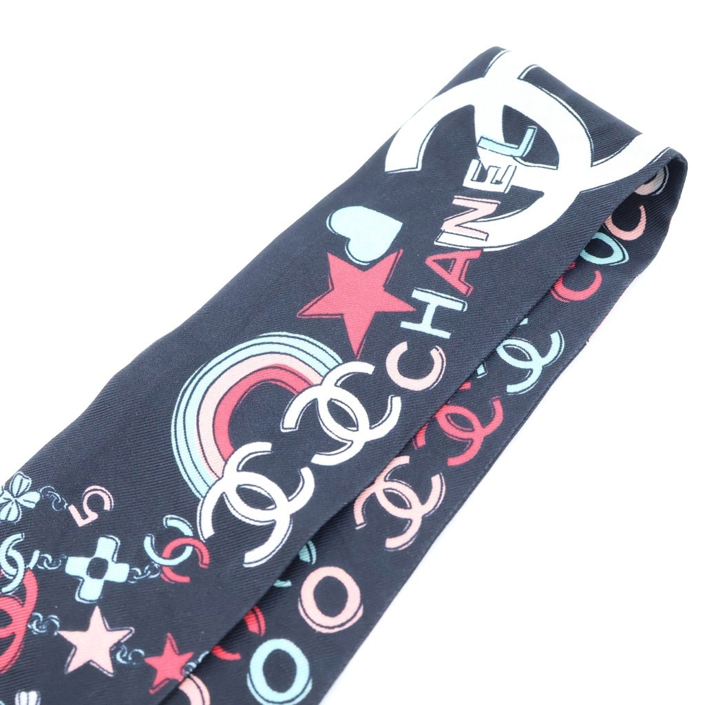 CHANEL(シャネル) camellia scarf カメリア ココマーク スター 星 総柄 スカーフ ツイリー ブラック レディース