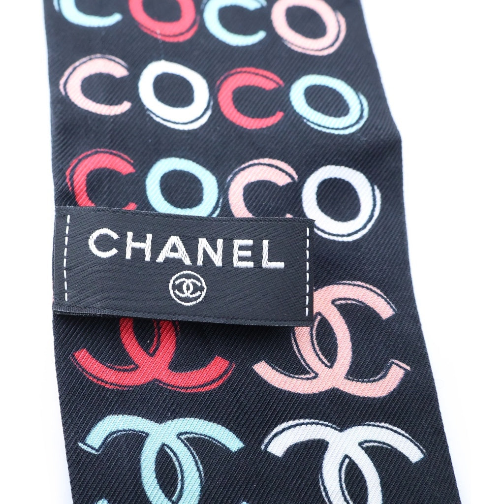 CHANEL(シャネル) camellia scarf カメリア ココマーク スター 星 総柄 スカーフ ツイリー ブラック レディース