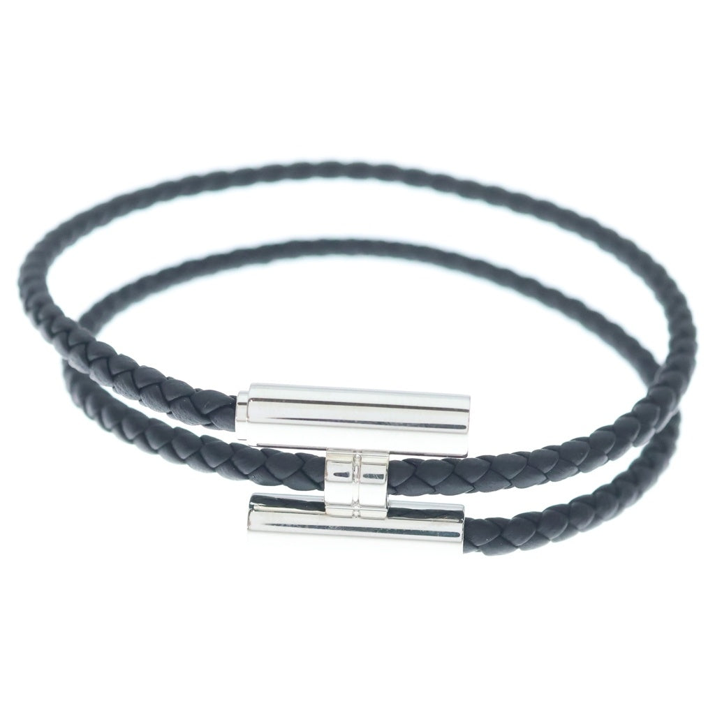 HERMES(エルメス) トゥルニ トレッセ レザー編み込みブレスレット ブラック/シルバー レディース