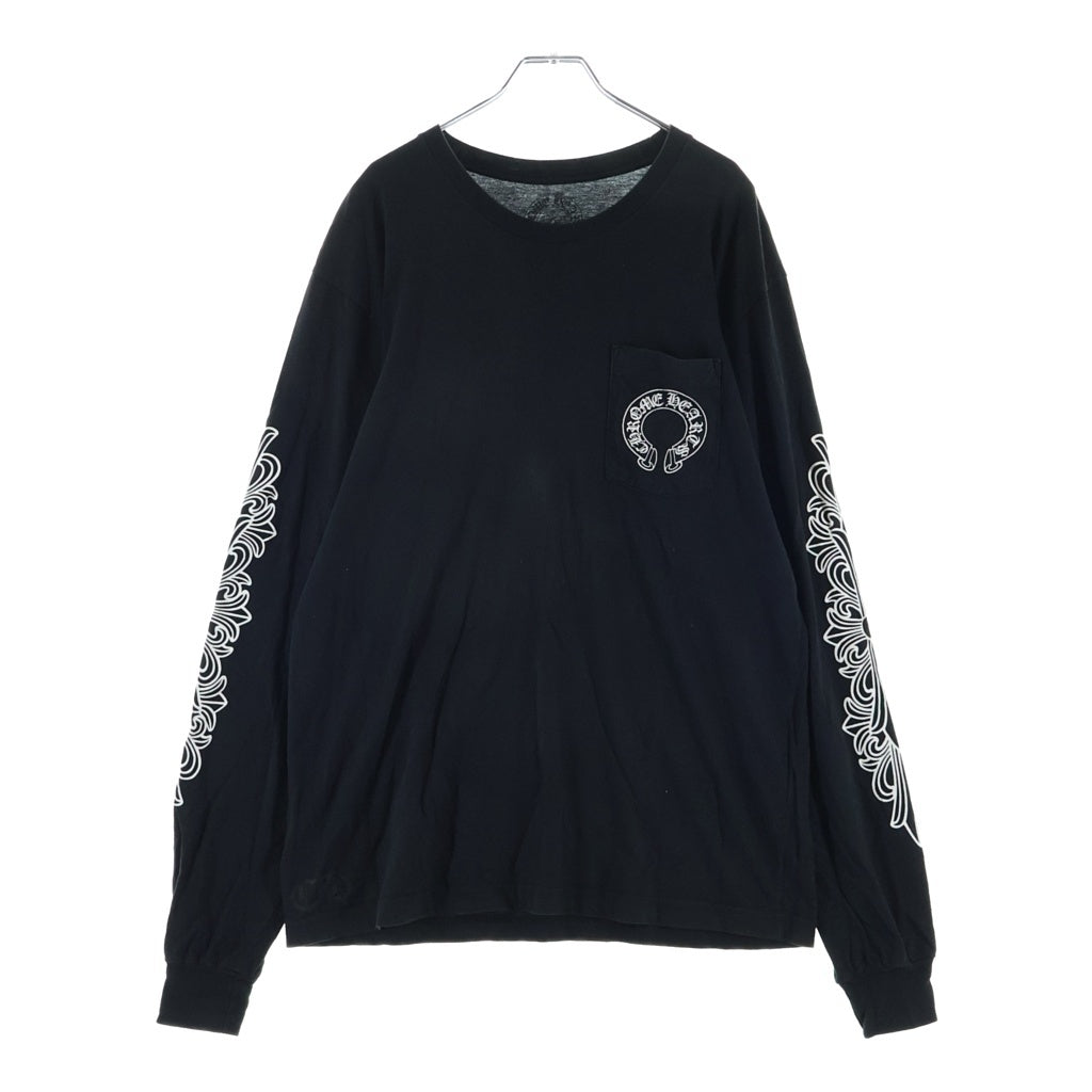 CHROME HEARTS(クロムハーツ) FLRL CRS HORSESHOE LS TEE アームフローラルクロス バックホースシュー クルーネック長袖Tシャツカットソー ブラック