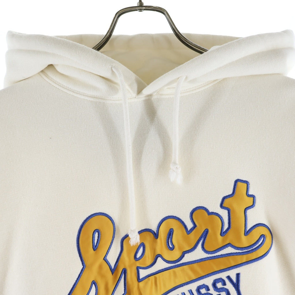 STUSSY(ステューシー) SATIN PATCH HOODIE サテンパッチ プルオーバー長袖スウェットパーカー フーディ ホワイト 118556