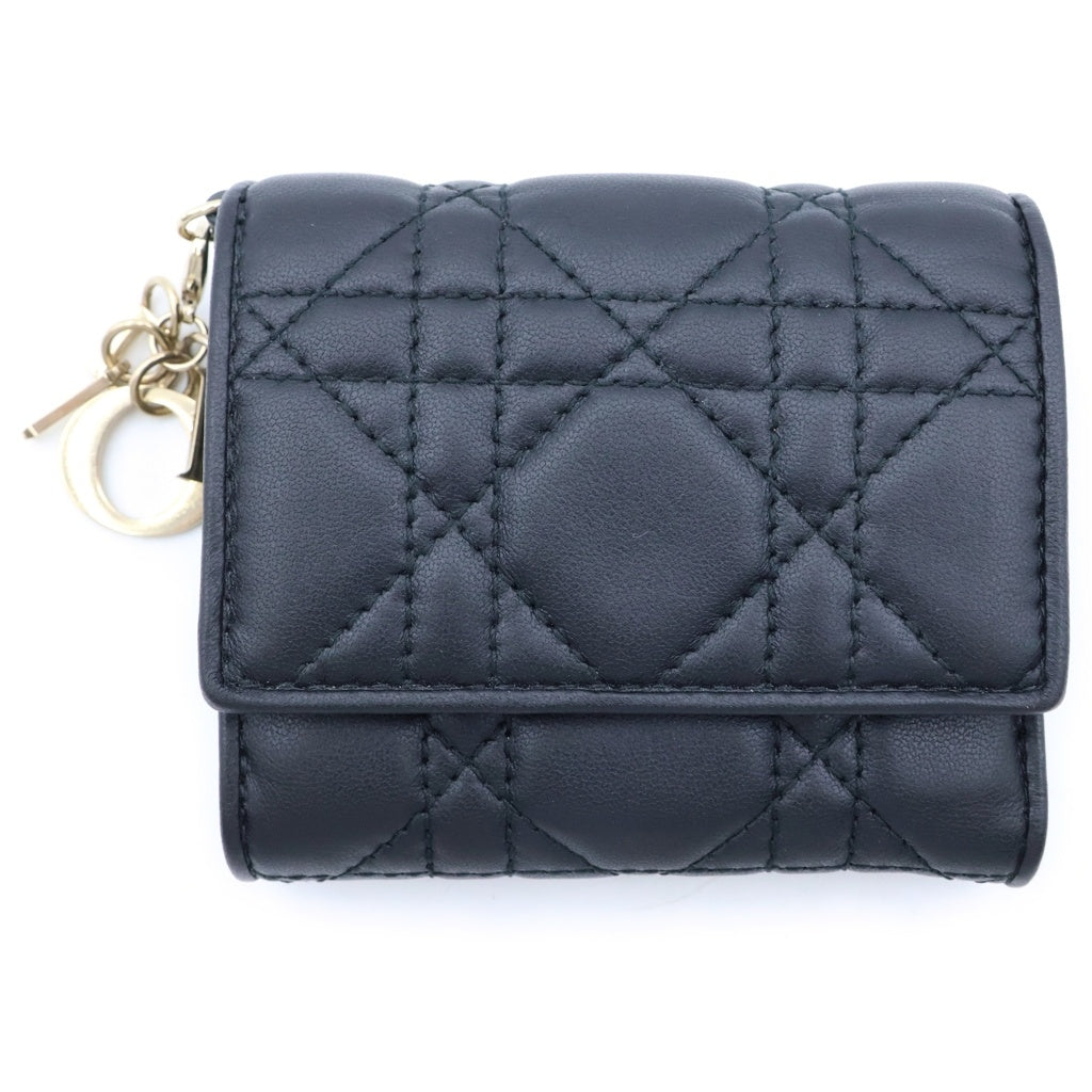 Christian Dior(クリスチャンディオール) Cannage Lotus Wallet カナージュ ロータスウォレット ラムスキン 三つ折り財布 コンパクトウォレット コインケース ブラック レディース