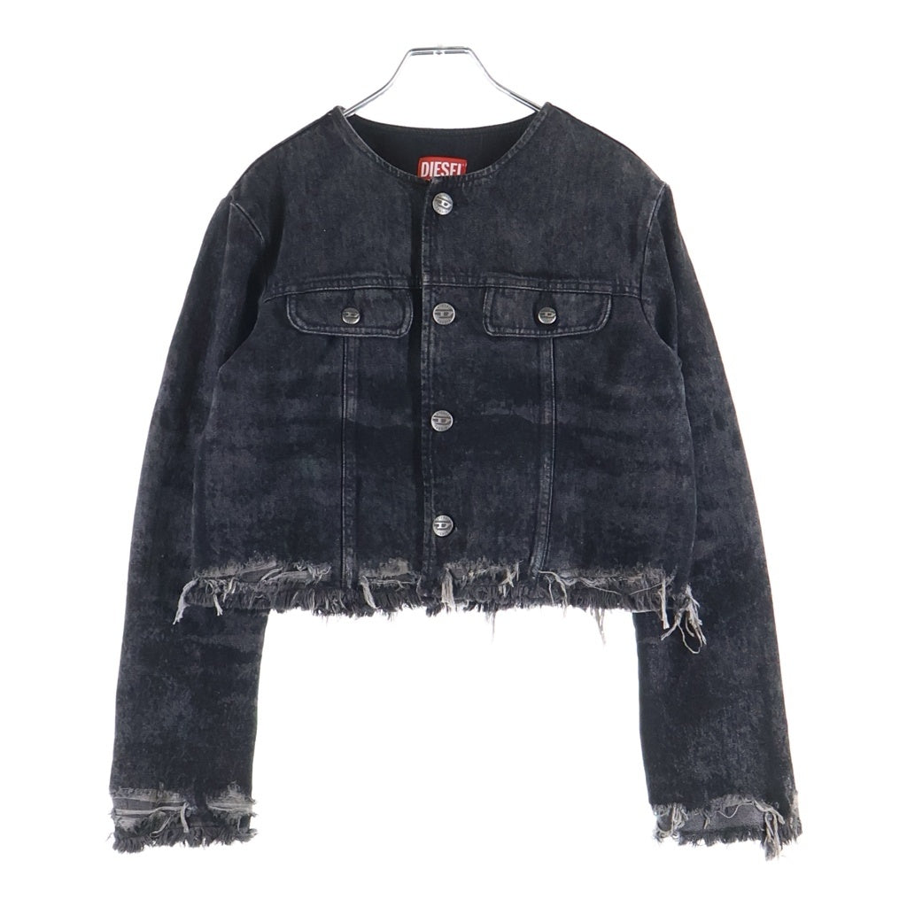 DIESEL(ディーゼル) DE-GRAFFTYーFSH ダメージ加工 ノーカラーフリンジデニムジャケット ブラック 007DB レディース