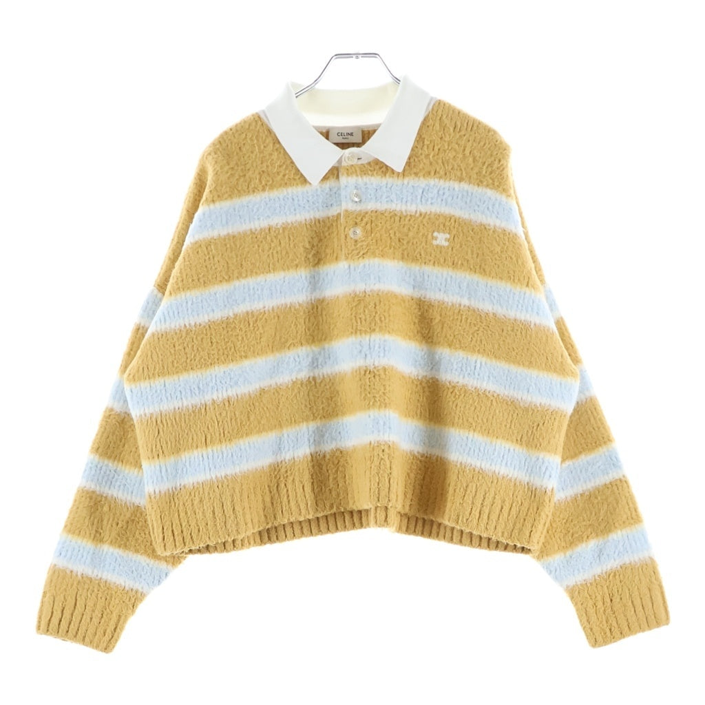 CELINE(セリーヌ) 26AW ブラッシュド ストライプクロップド長袖ポロニットシャツ イエロー/ブルー
