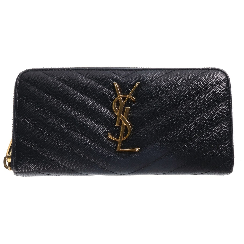 SAINT LAURENT PARIS(サンローランパリ) Vステッチ ロゴ金具 ラウンドジップ レザー長財布 ブラック 358094 レディース