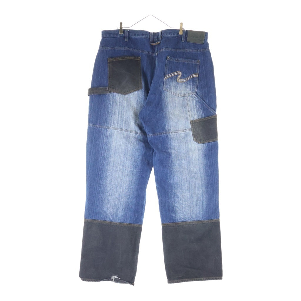 NO BRAND(ノーブランド) UNK DENIM 【UNK デニム】 パッチワーク NBAロゴワッペン ワイドデニムパンツ ジーンズ インディゴ/ブラック