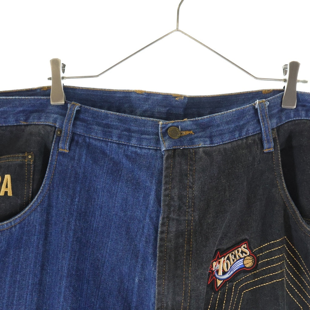 NO BRAND(ノーブランド) UNK DENIM 【UNK デニム】 パッチワーク NBAロゴワッペン ワイドデニムパンツ ジーンズ インディゴ/ブラック
