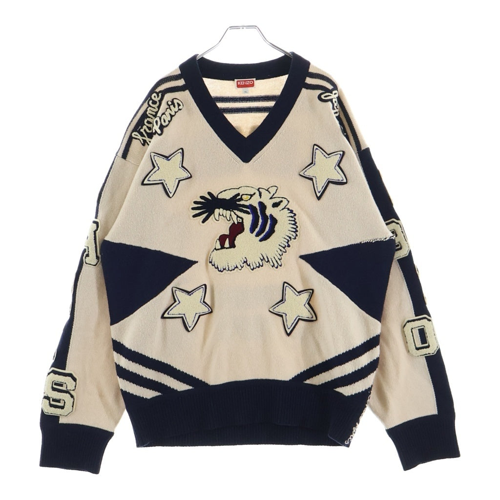 KENZO(ケンゾー) Patch applique V-neck sweater FC65OU3293BB アップリケ プルオーバー タイガーモチーフ Vネックセーター アイボリー