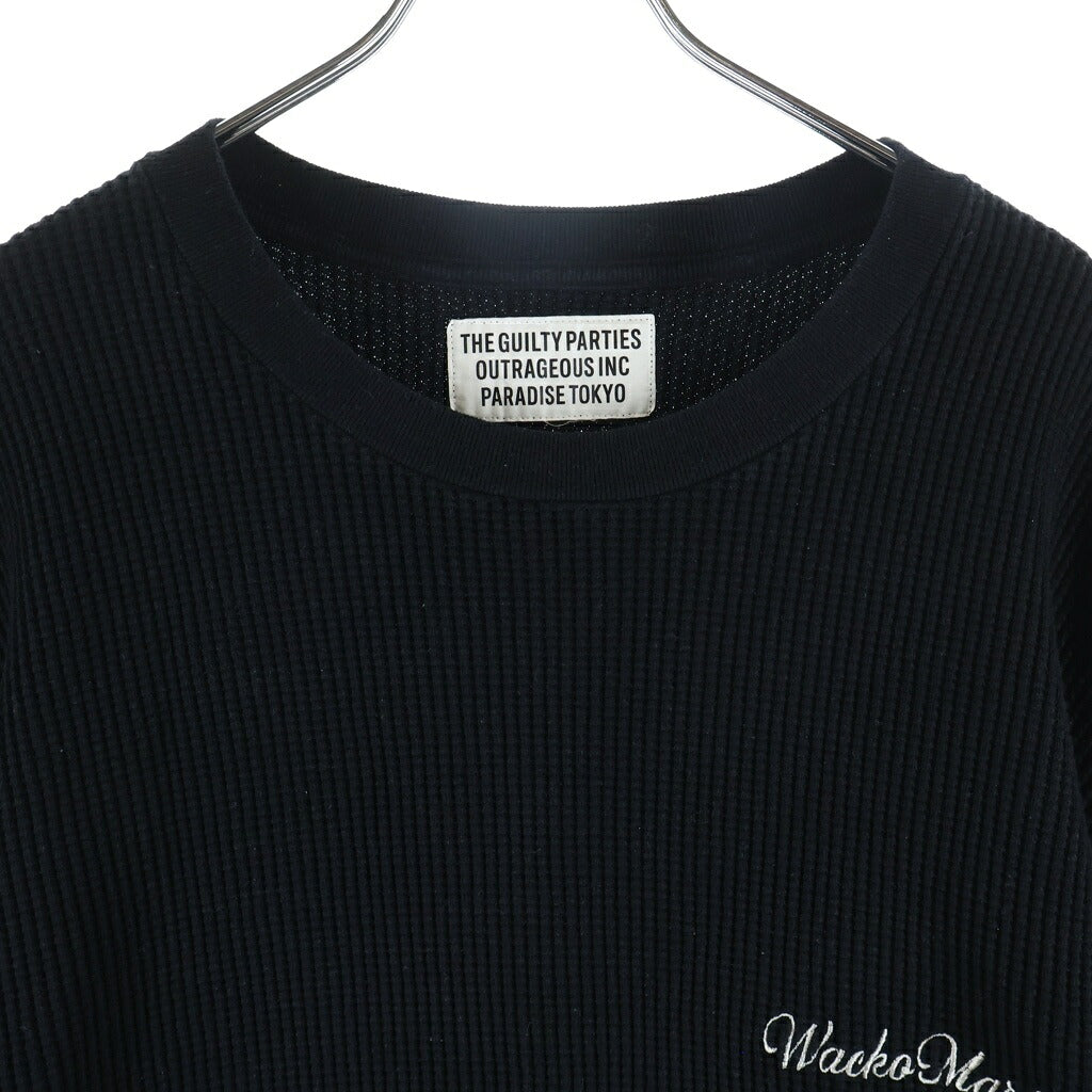 WACKO MARIA(ワコマリア) 24SS THERMAL SHIRT TYPE-2 フロントロゴ刺繍 クルーネック長袖サーマルTシャツカットソー ロンT ブラック 24SS-WMT-TM02