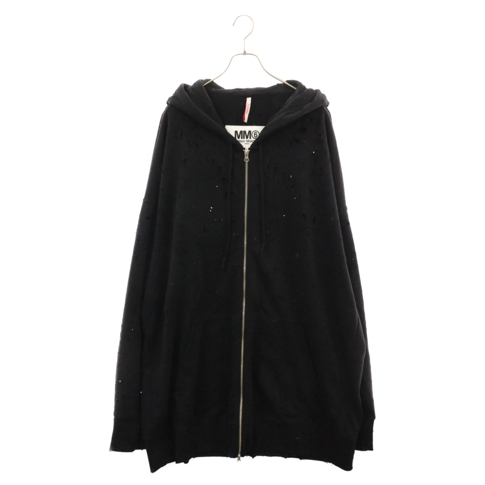 MM6 Maison Margiela(エムエムシックスメゾンマルジェラ) ダメージ加工 オーバーサイズ ジップアップフーディー ブラック S62GU0113 S25454