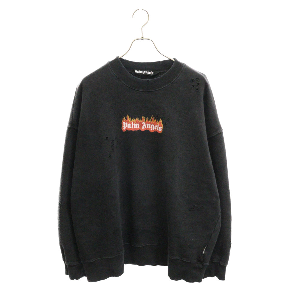 Palm Angels(パームエンジェルス) 22AW ヴィンテージ加工 バーニングロゴプリント クルーネックスウェット トレーナー ブラック PMBA065F22FLE004