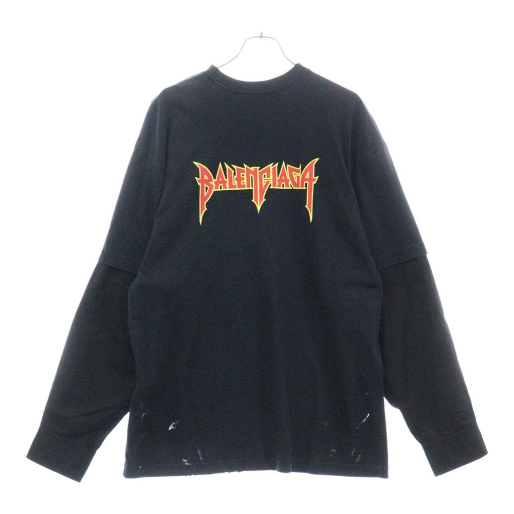 BALENCIAGA(バレンシアガ) 22AW 698631 TMV88 メタルロゴ シャツレイヤード クルーネック Tシャツ ブラック
