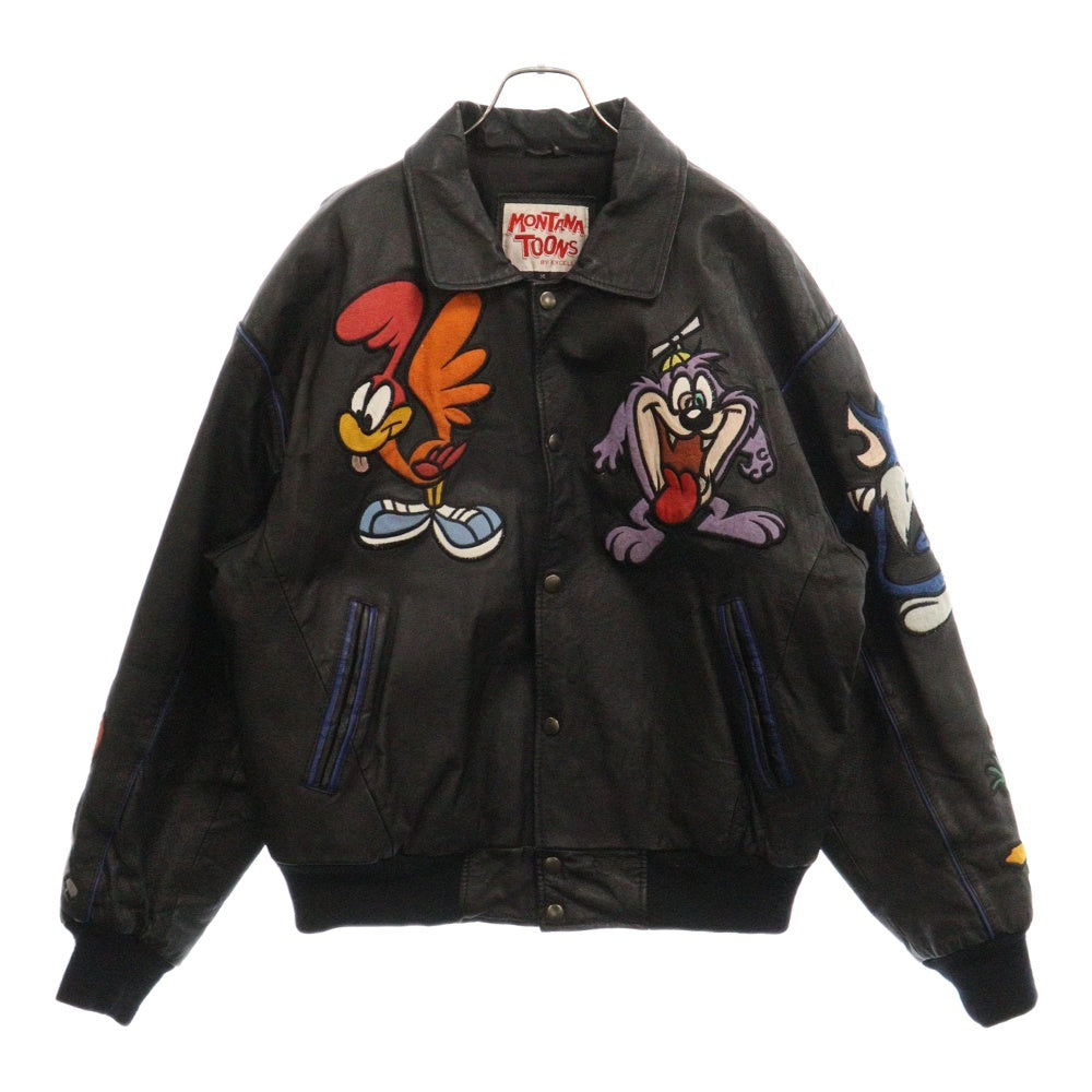 VINTAGE(ヴィンテージ) 90s MONTANA TOONS ADVENTURES LEATHER BOMBER VARSITY JACKET モンタナトゥーンズ キャラクターワッペン レザーボンバージャケット ブラック