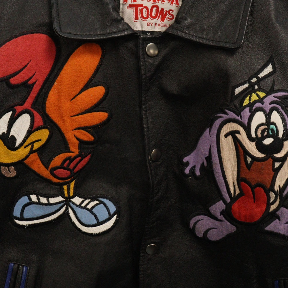 VINTAGE(ヴィンテージ) 90s MONTANA TOONS ADVENTURES LEATHER BOMBER VARSITY JACKET モンタナトゥーンズ キャラクターワッペン レザーボンバージャケット ブラック