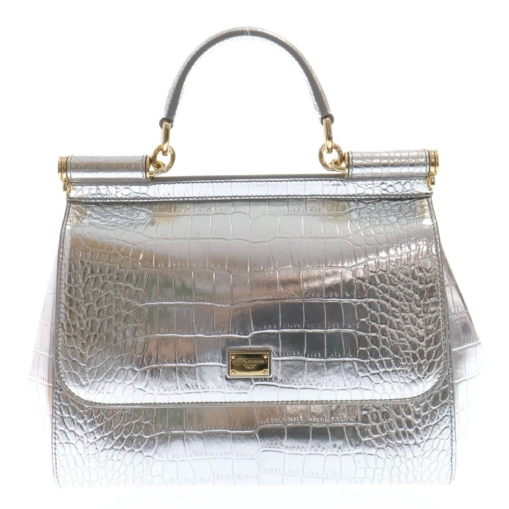 DOLCE & GABBANA(ドルチェアンドガッバーナ) SOCILY ロゴプレート付 クロコダイル型押し 2Way ハンドバッグ ショルダーバッグ シルバー BB6002