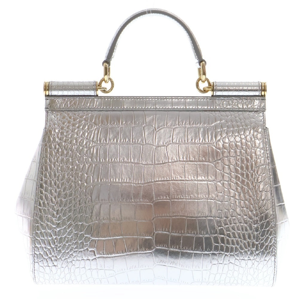 DOLCE & GABBANA(ドルチェアンドガッバーナ) SOCILY ロゴプレート付 クロコダイル型押し 2Way ハンドバッグ ショルダーバッグ シルバー BB6002