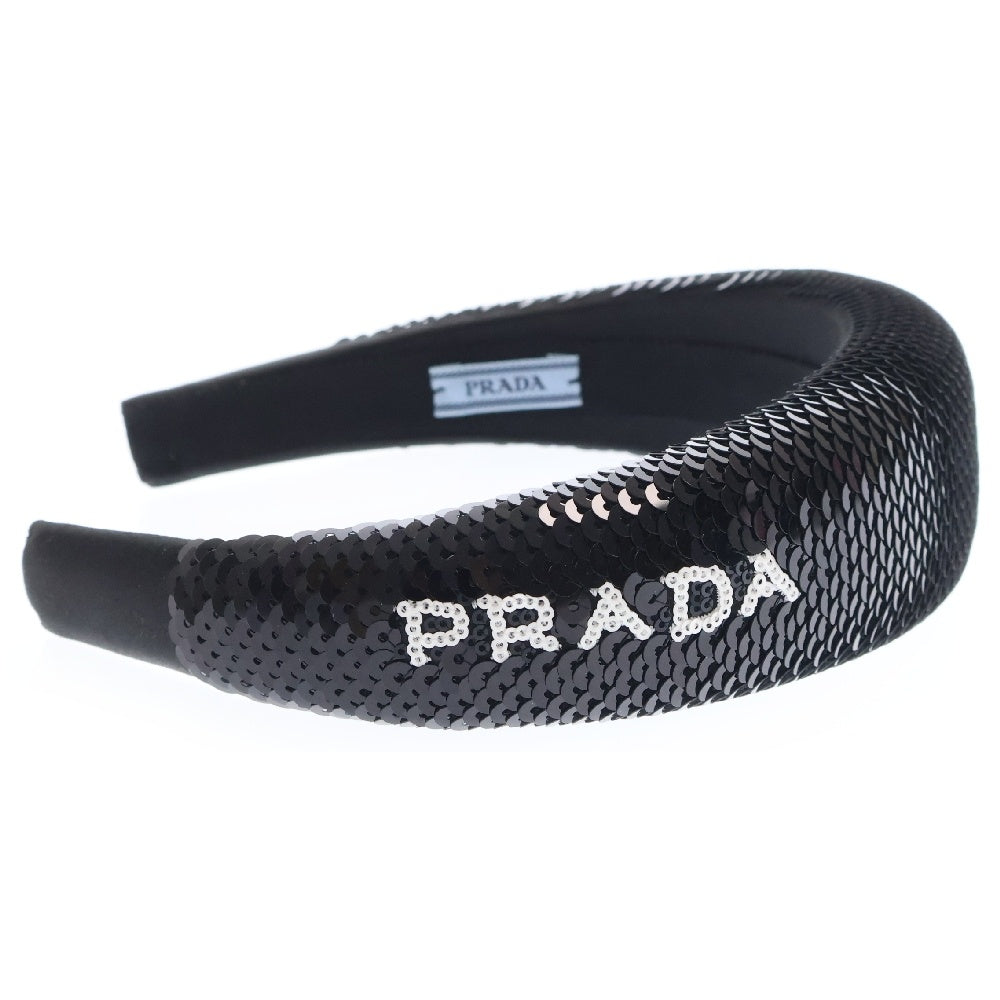 PRADA(プラダ) 24AW Satin Sequin Embellished Headband スパンコール ロゴ入り カチューシャ ヘッドバンド ブラック