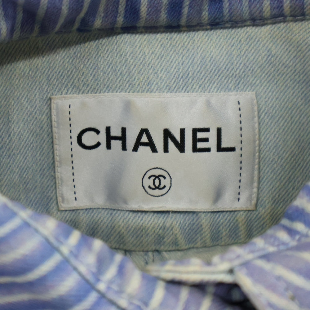 CHANEL(シャネル) レースフラワー装飾 ストライプ柄 デニムジャケット レディース ブルー P58709V44707
