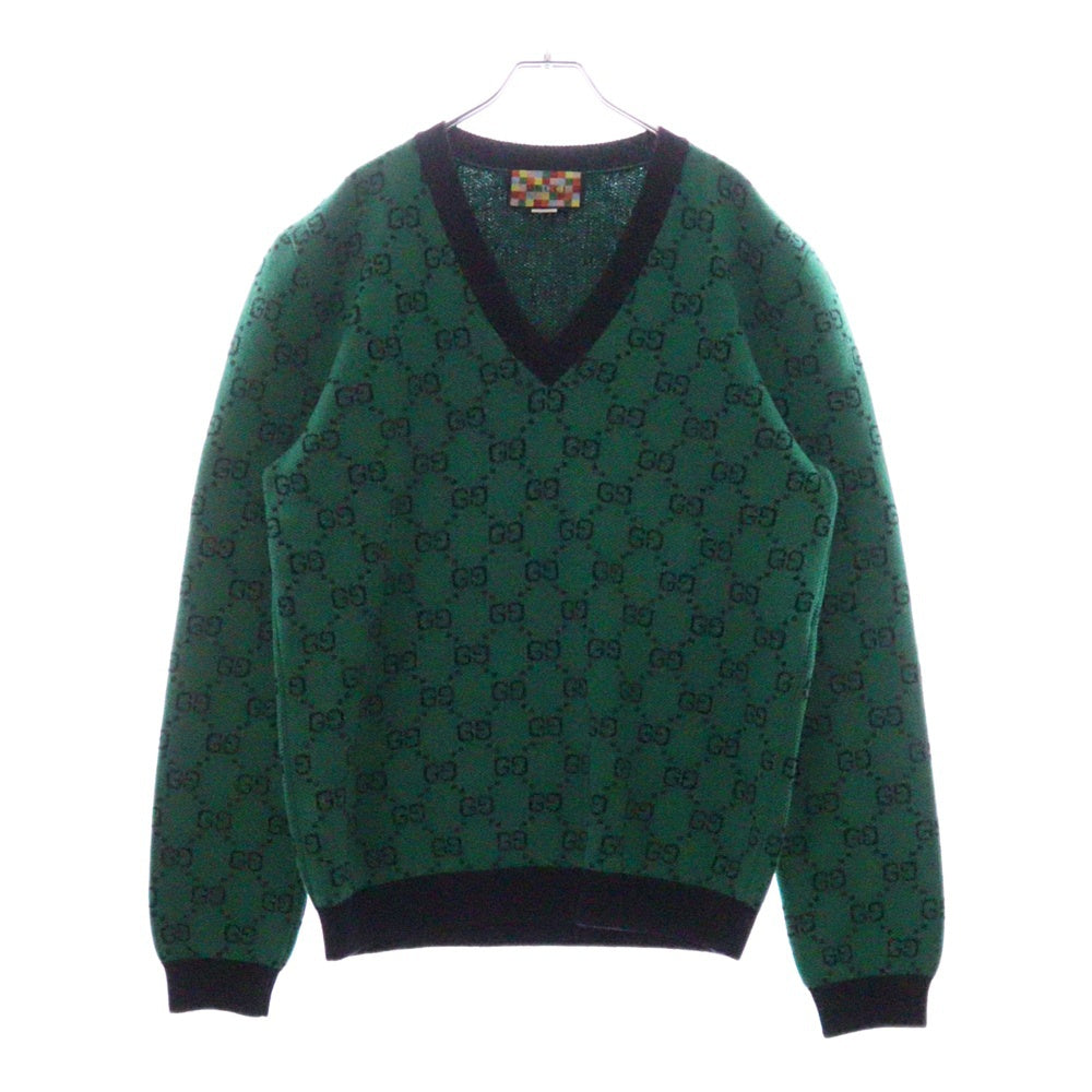 GUCCI(グッチ) Vネック GG総柄 ウール コットン デザインニット グリーン 661155 XKBXI