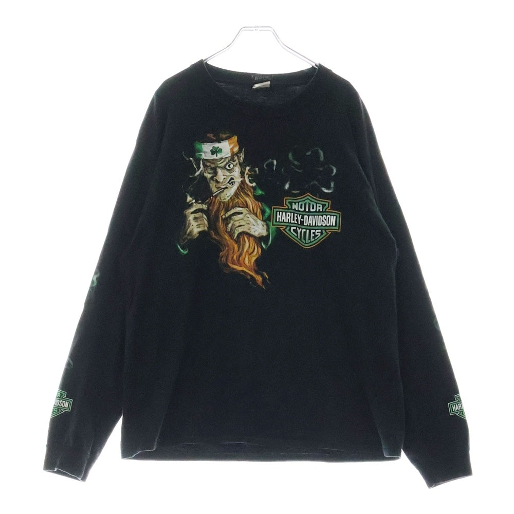 HARLEY DAVIDSON(ハーレーダビッドソン) TREASURE トレジャー 両面プリント クルーネック 長袖Tシャツ ブラック/グリーン