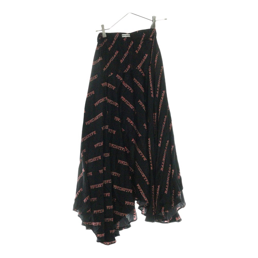 BALENCIAGA(バレンシアガ) オールオーバーロゴ フレア アシンメトリー ロングスカート ブラック/レッド 625534 TILS1 レディース