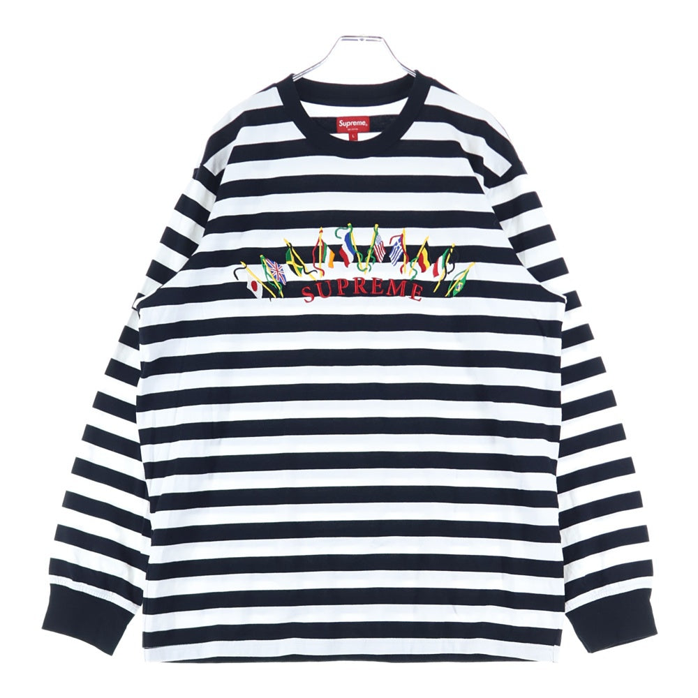 SUPREME(シュプリーム) 19AW Flags L/S Top フラッグ刺繍ボーダー長袖Tシャツ ホワイト/ブラック