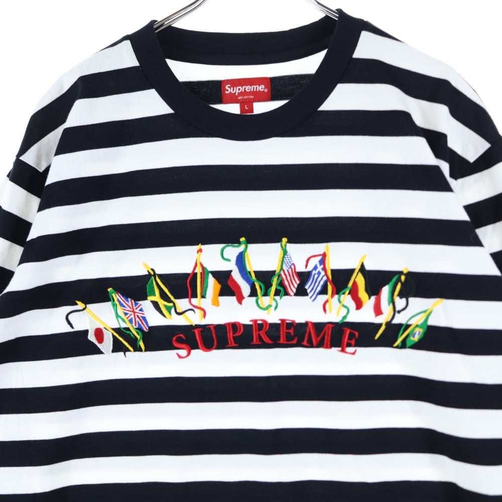 SUPREME(シュプリーム) 19AW Flags L/S Top フラッグ刺繍ボーダー長袖Tシャツ ホワイト/ブラック