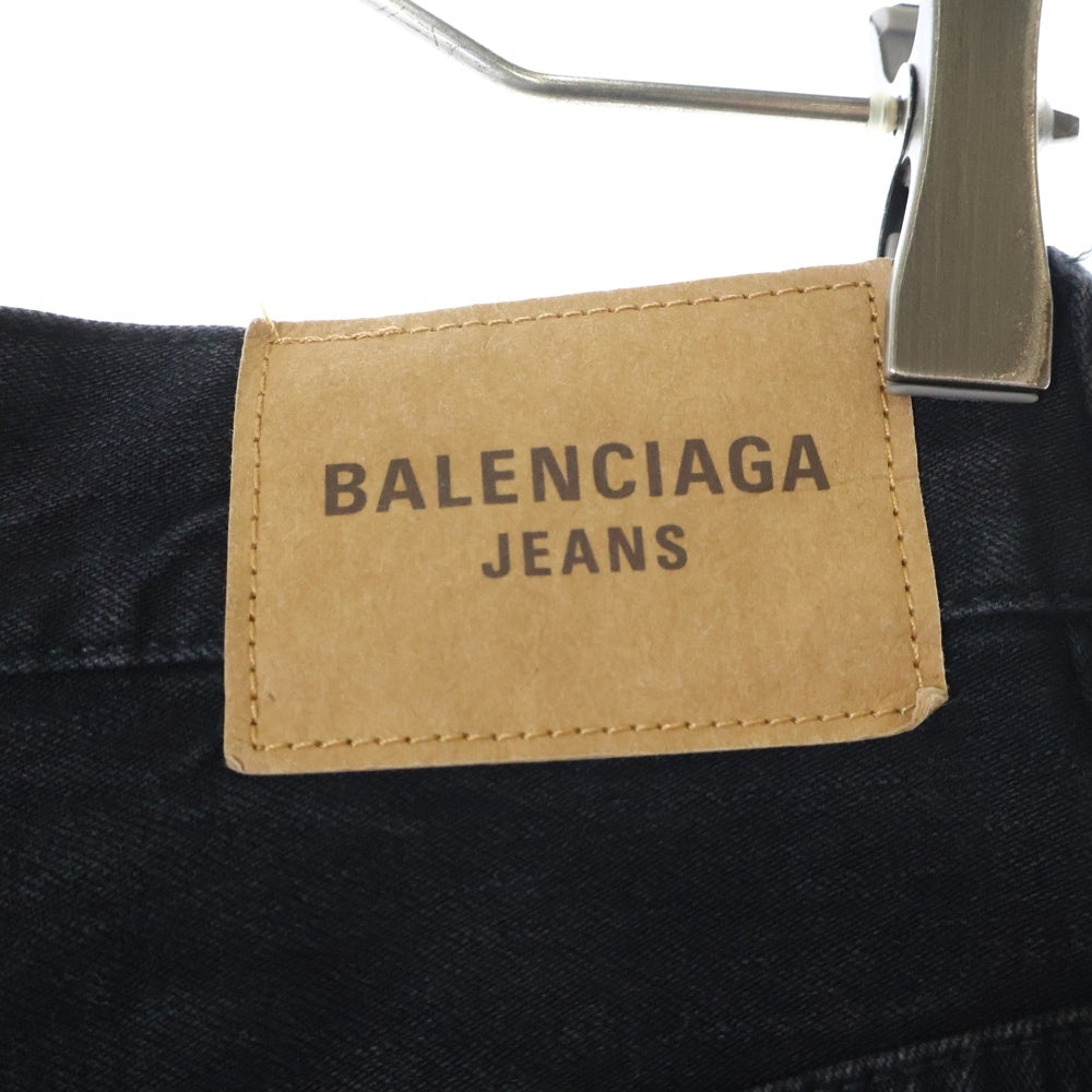 BALENCIAGA(バレンシアガ) Crinkled Jeans ロゴパッチ付 ウォッシュ加工 ワイド デニムパンツ ブラック 706652 TQW54