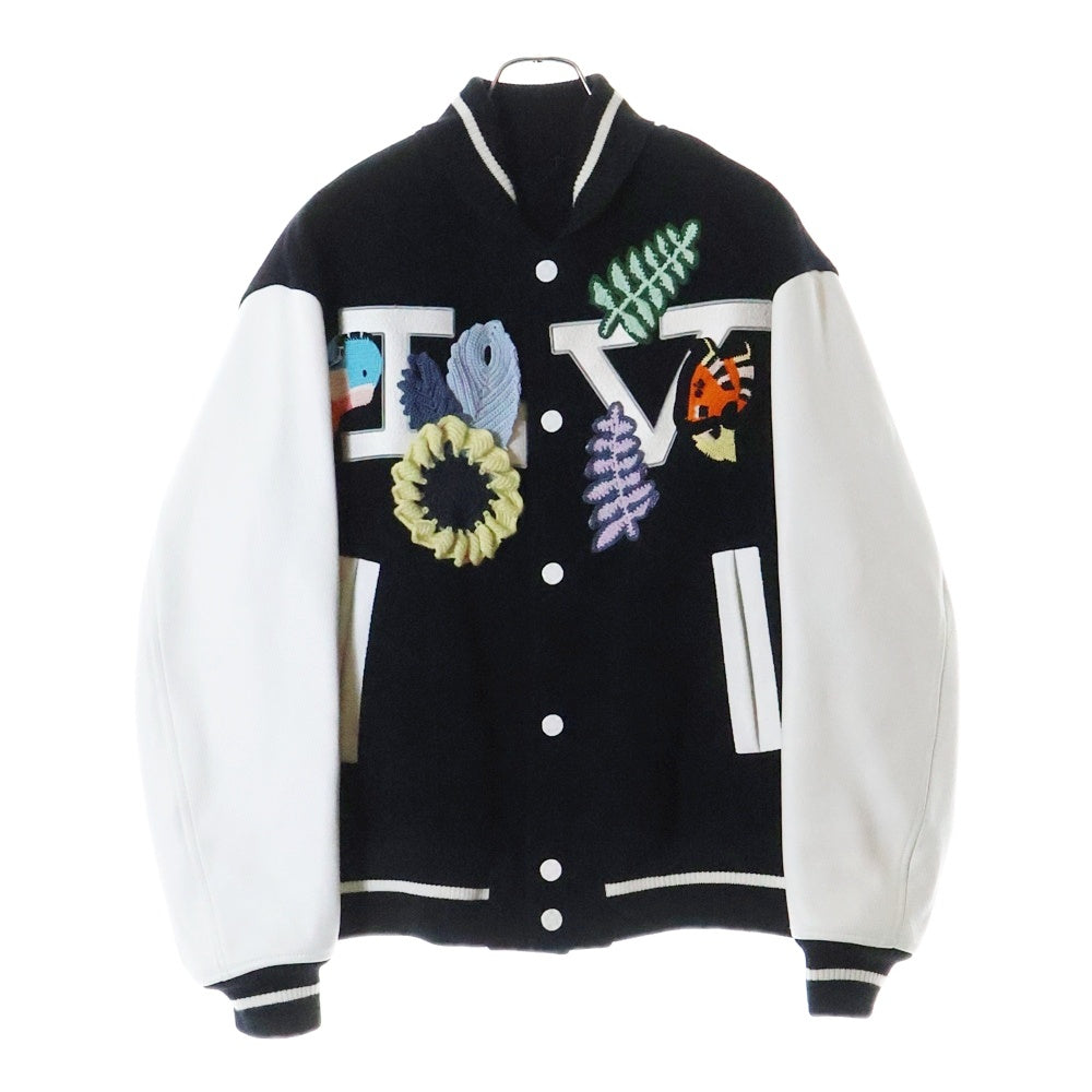 LOUIS VUITTON(ルイヴィトン) 20SS クロシェフラワーバーシティジャケット 袖レザー 装飾スタジャン ブラック/ホワイト 1A7R3L