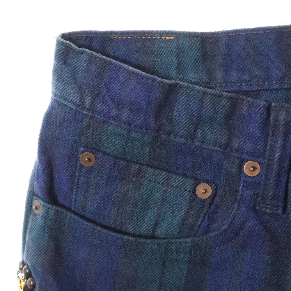 KAPITAL(キャピタル) 11oz TARTAN CHECK 5P MONKEY CISCO タータンチェック スタッズデニムパンツ ジーンズ グリーン K2110LP089