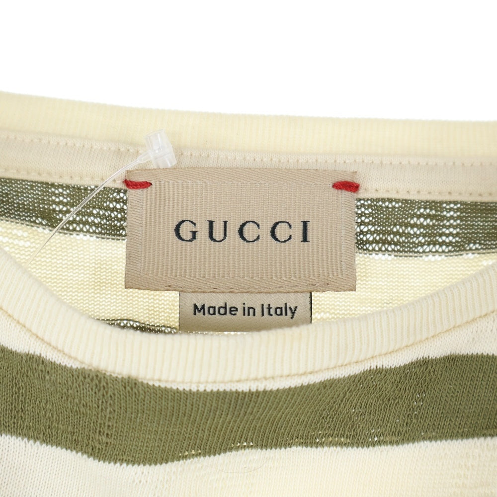 GUCCI(グッチ) GGロゴ総柄 ボーダー キッズ クルーネック 半袖Tシャツ カーキ/ホワイト 721727 XJEYN