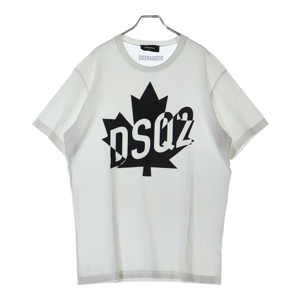 DSQUARED2(ディースクエアード) フロントリーフロゴプリント クルーネック 半袖Tシャツ ホワイト S74GD0786
