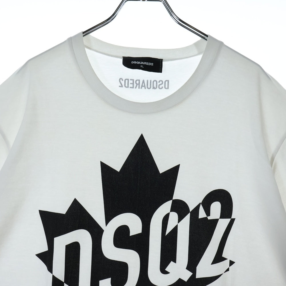 DSQUARED2(ディースクエアード) フロントリーフロゴプリント クルーネック 半袖Tシャツ ホワイト S74GD0786