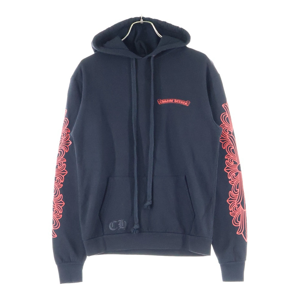 CHROME HEARTS(クロムハーツ) HORSESHOE PULLOVER HOODIE バックホースシューブラックプリント 袖フローラルクロスレッドプリント プルオーバーパーカー