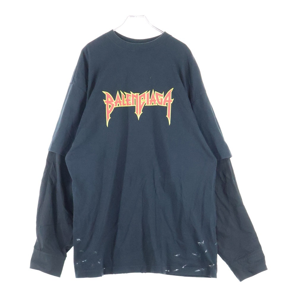 BALENCIAGA(バレンシアガ) 22AW メタルロゴ シャツレイヤード クルーネック半袖Tシャツ カットソー ブラック 698631 TMV88