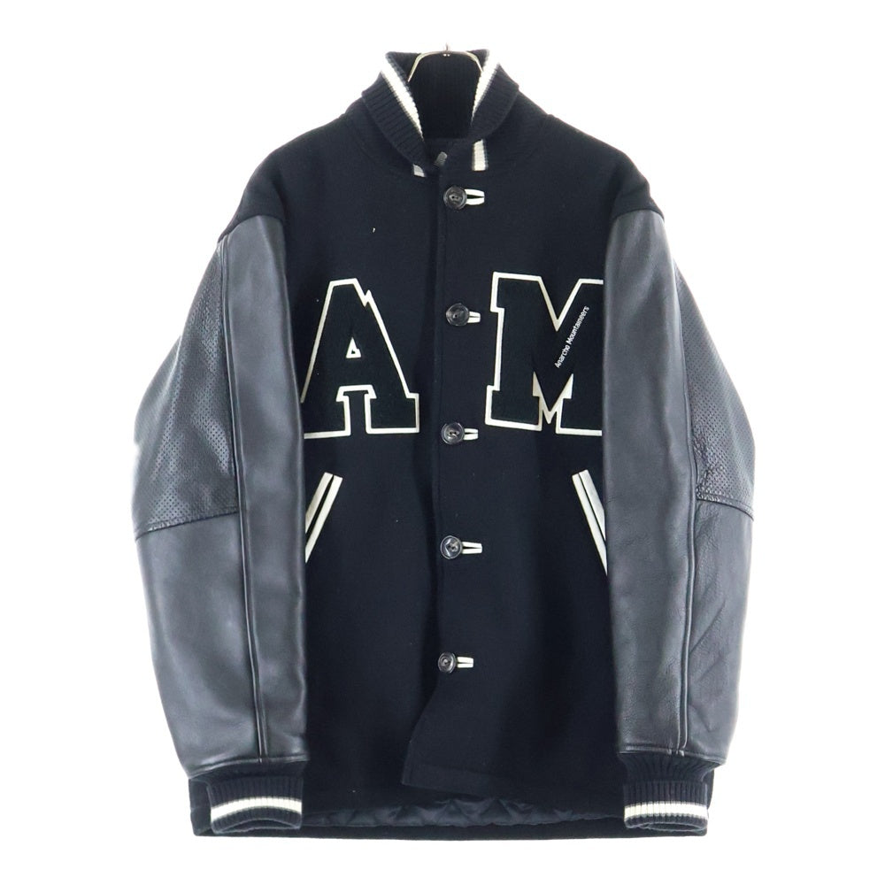 Mountain Research(マウンテンリサーチ) フロントAMロゴワッペン 袖レザー スタジアムジャケット ブラック MTR-2568