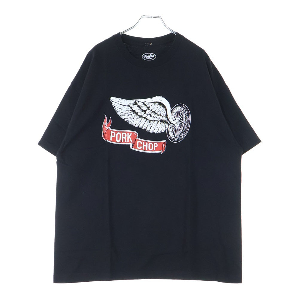 PORKCHOP(ポークチョップ) ×MASSES FLYING WEEL 両面プリント クルーネック 半袖Tシャツ ブラック