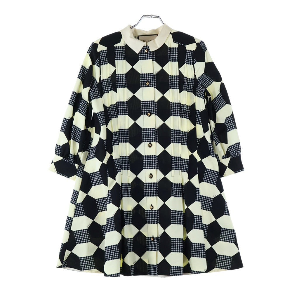 GUCCI(グッチ) オプティカル シルク プリーツ ワンピース ホワイト/ブラック 681386 ZAH41