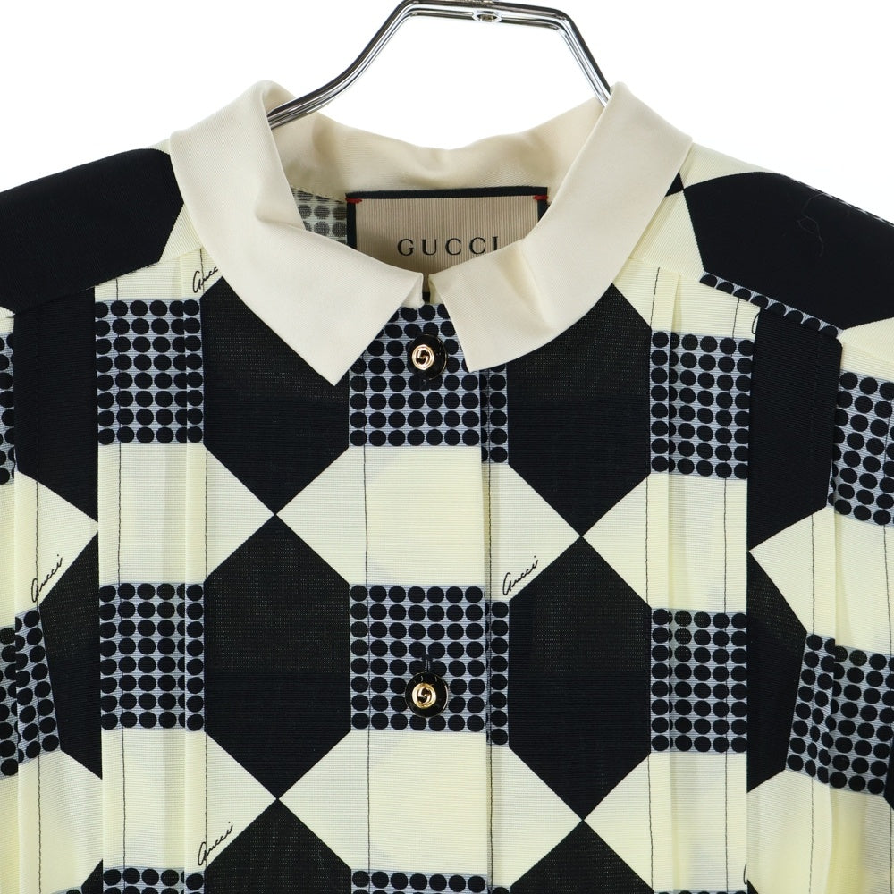 GUCCI(グッチ) オプティカル シルク プリーツ ワンピース ホワイト/ブラック 681386 ZAH41