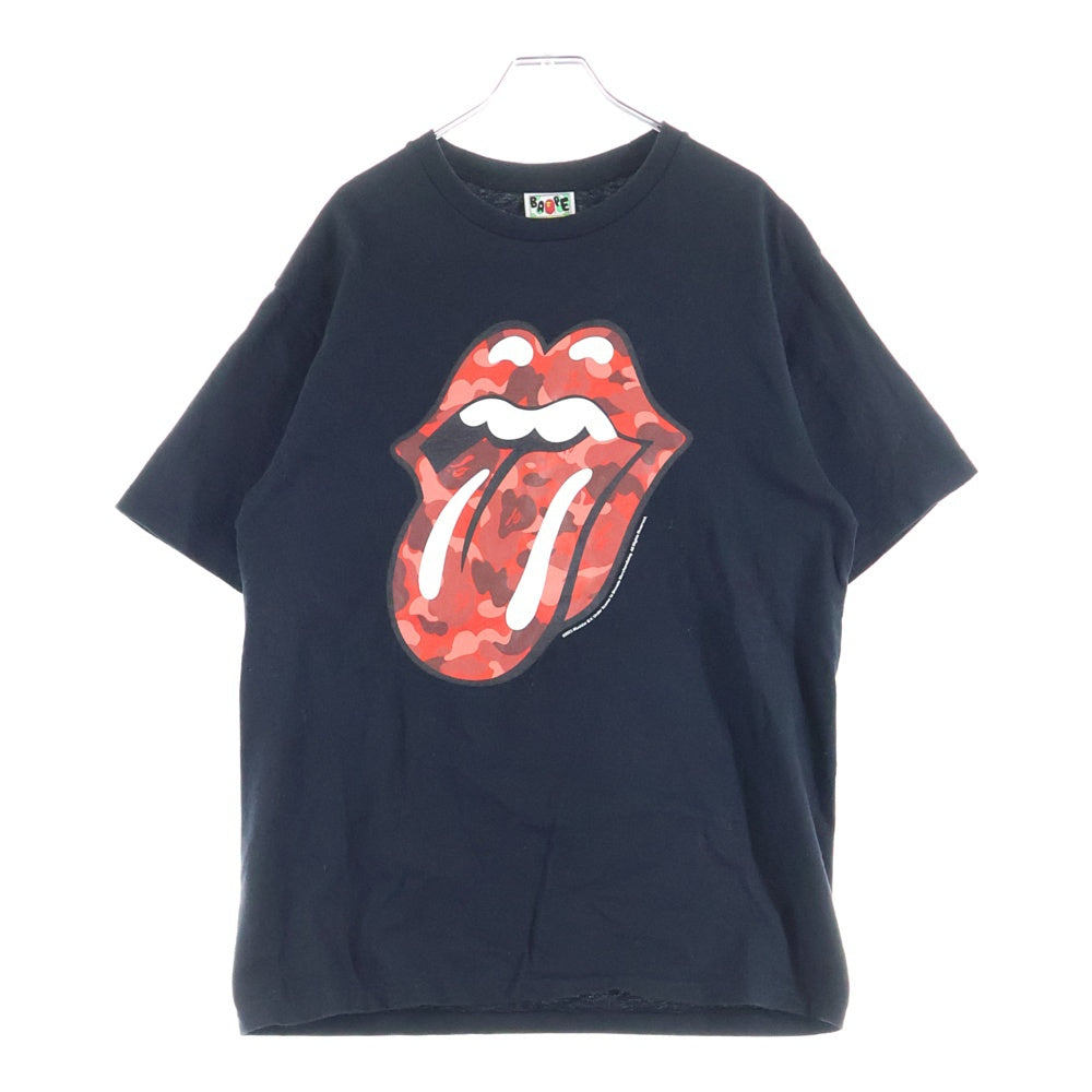 A BATHING APE(アベイシングエイプ) 25ss ×Rolling stones リップタンプリント 半袖 クルーネック Tシャツ ブラック 001TEL231908C
