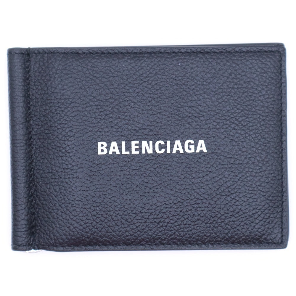 BALENCIAGA(バレンシアガ) ロゴ マネークリップウォレット 二つ折り財布 カードケース ブラック レザー 594308 シルバー金具