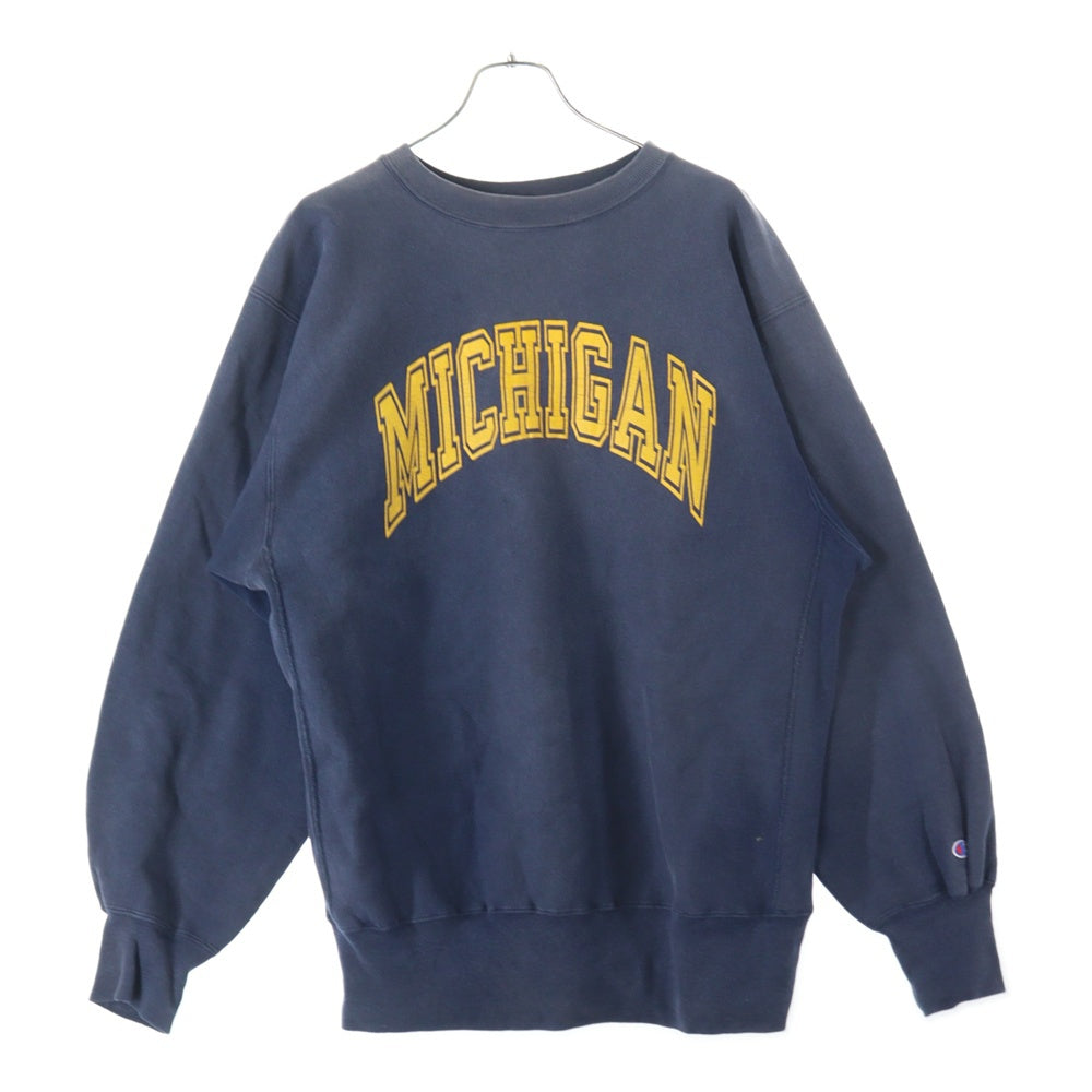CHAMPION(チャンピオン) 90s MICHIGAN カレッジロゴプリント リバースウィーブ クルーネック長袖スウェット ネイビー