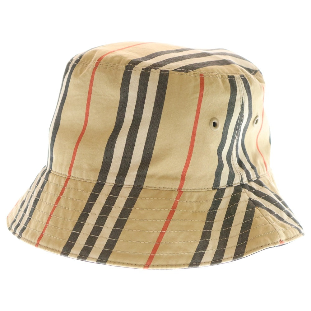 BURBERRY(バーバリー) ノバチェック総柄 ロゴプリント リバーシブル ナイロン バケットハット 帽子 ブラック/ベージュ 8064349