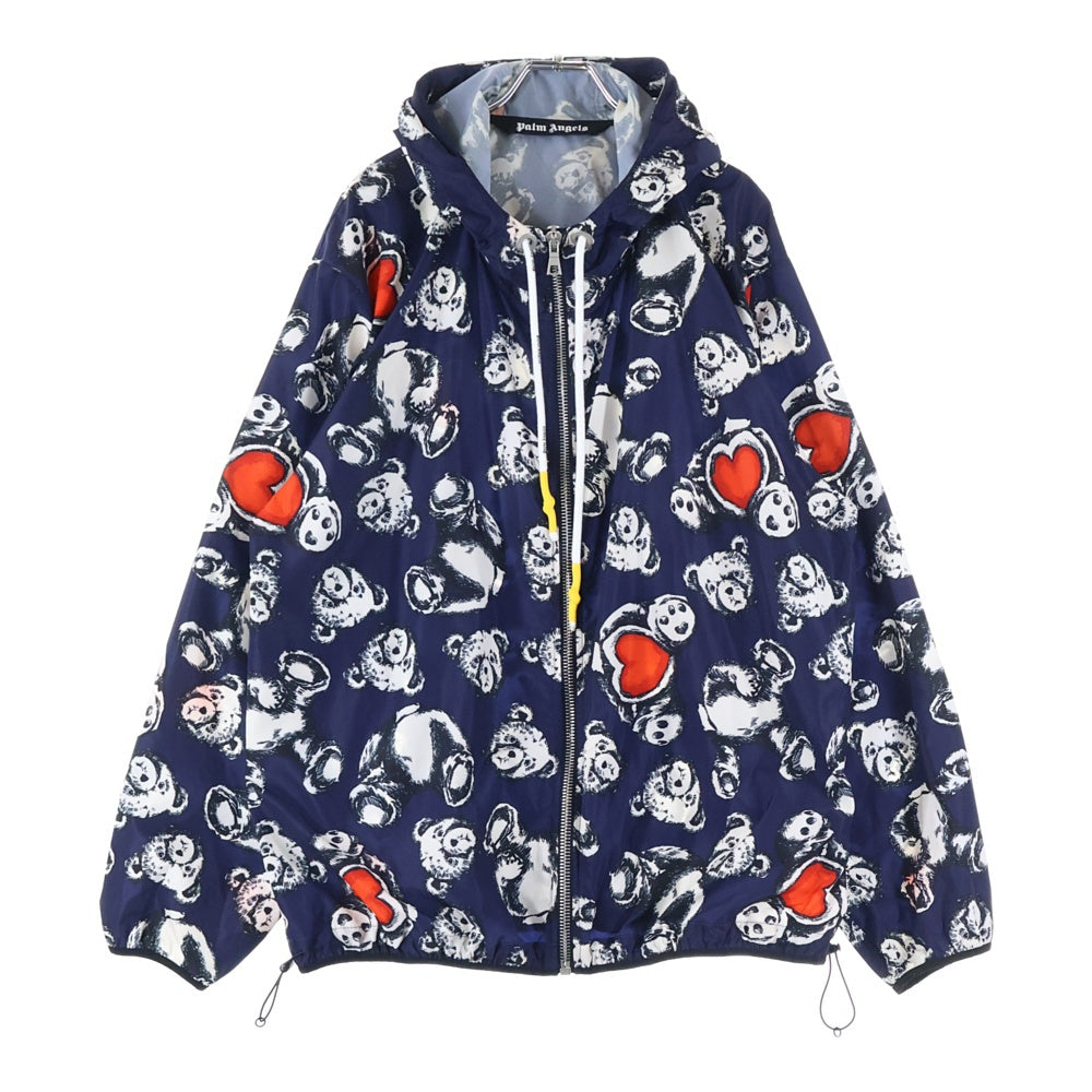 Palm Angels(パームエンジェルス) 総柄デザイン ベアプリント ウインドジップブレーカー フーディジャケット パーカー ネイビー PMEB014S21FAB001