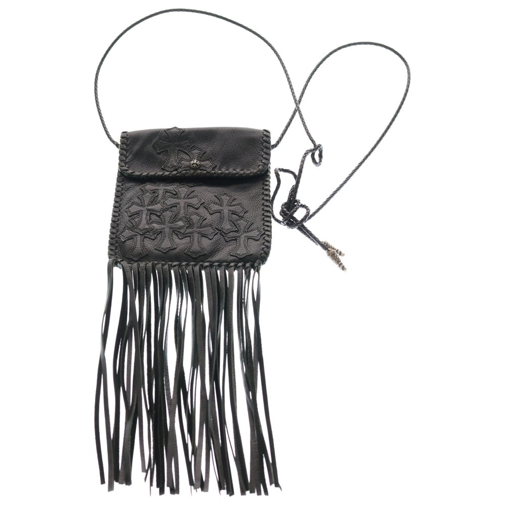 CHROME HEARTS(クロムハーツ) BAG-FLAT HIPPIE FRINGE ヒッピー クロスパッチ フリンジ装飾レザーショルダーバッグ ブラック