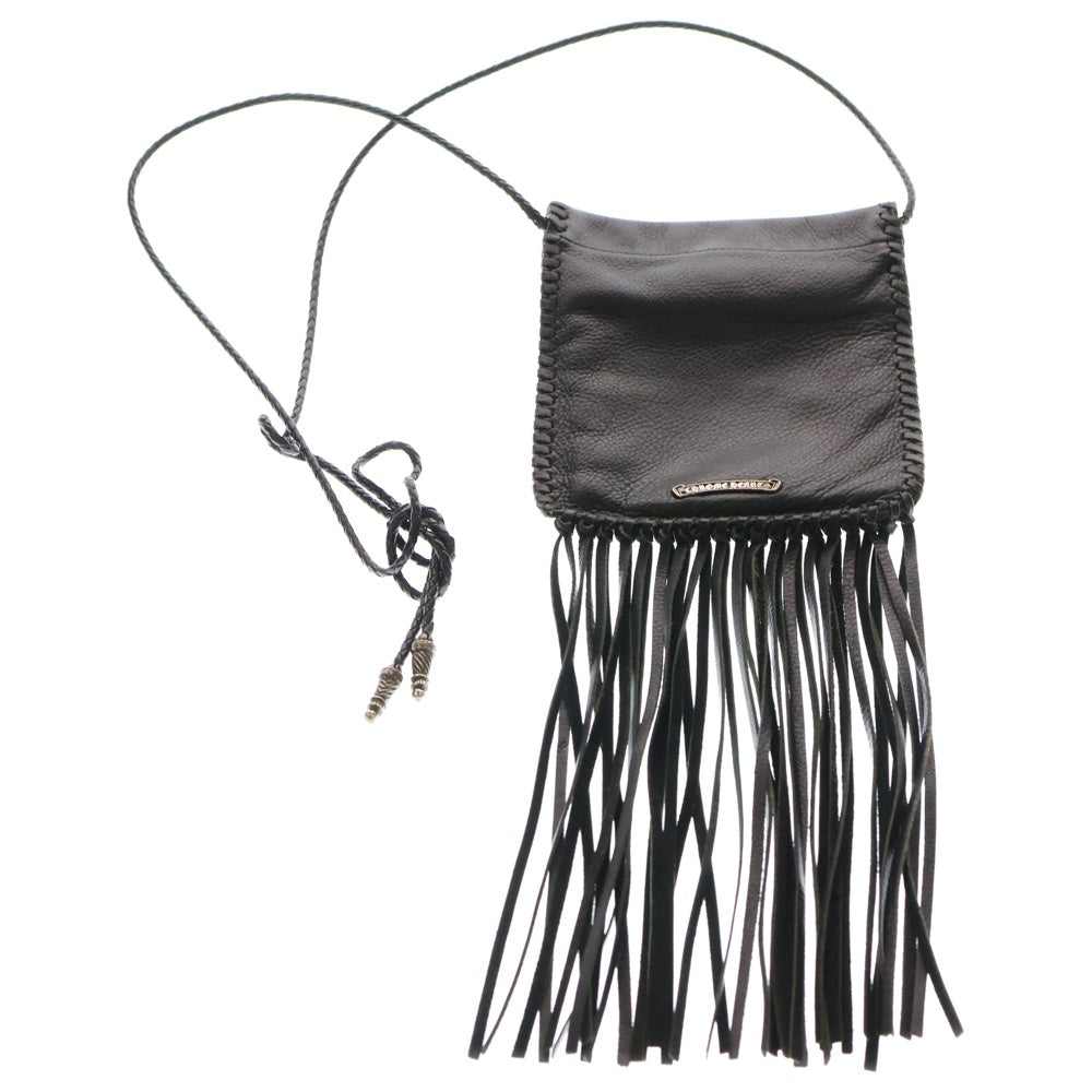CHROME HEARTS(クロムハーツ) BAG-FLAT HIPPIE FRINGE ヒッピー クロスパッチ フリンジ装飾レザーショルダーバッグ ブラック
