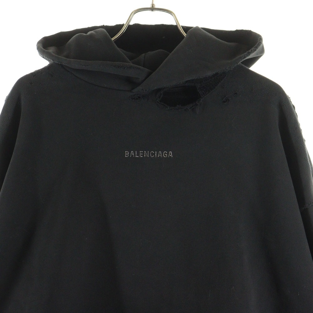 BALENCIAGA(バレンシアガ) Back Cropped Hoodie プルオーバーパーカー ラインストーンロゴ オーバーサイズ ブラック 767877 TQVY1 1083